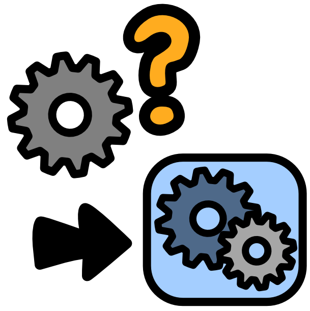 an image with dark line art shows grey gear with a yellow question mark next to it. Below is a blue square with two gears inside it. An arrow points to the square from the left.